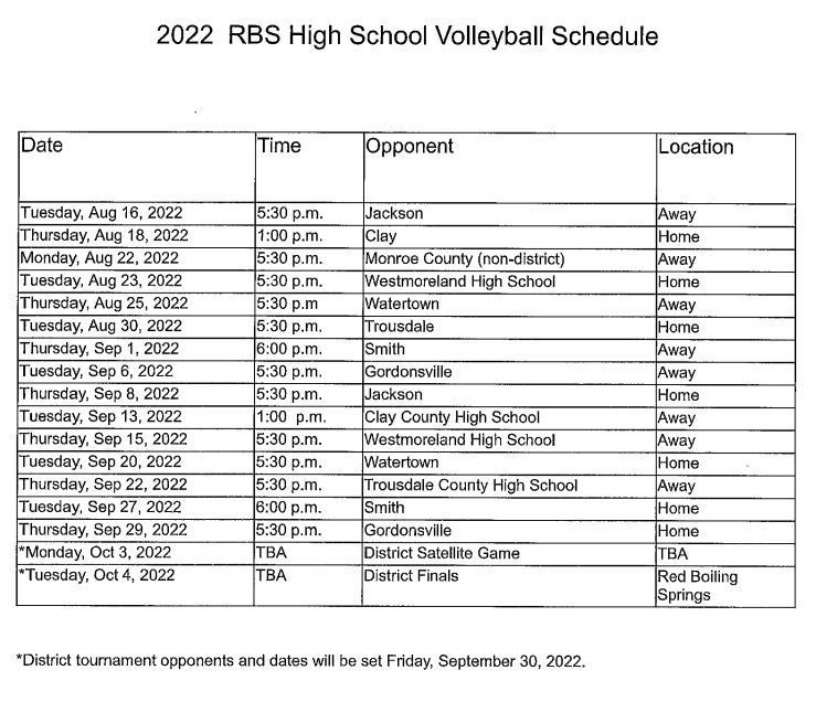 RBSHS Volleyball Schedule